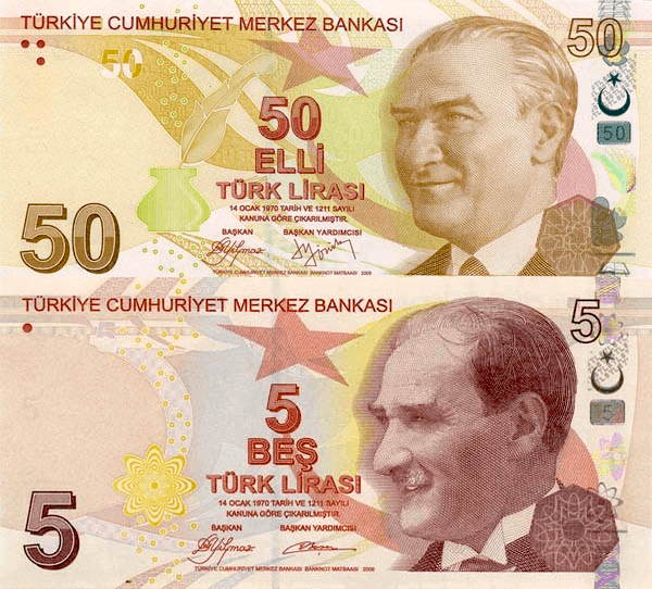 Similarity between the Fifty and Five lira banknotes